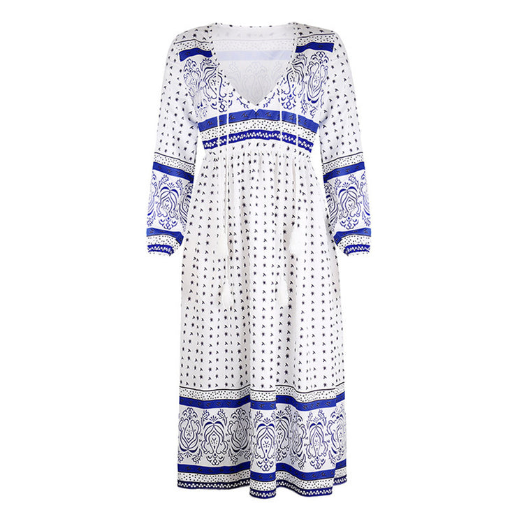 Deep V Print Long Sleeve Dress