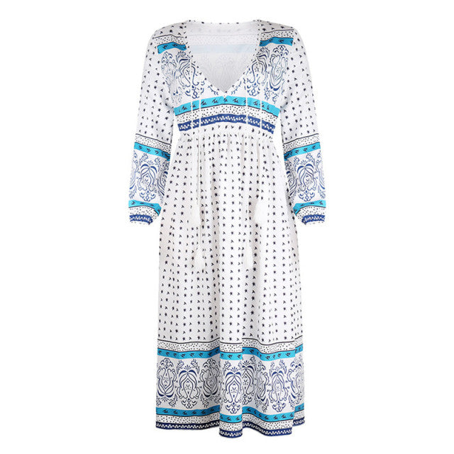 Deep V Print Long Sleeve Dress