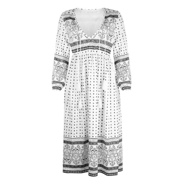 Deep V Print Long Sleeve Dress